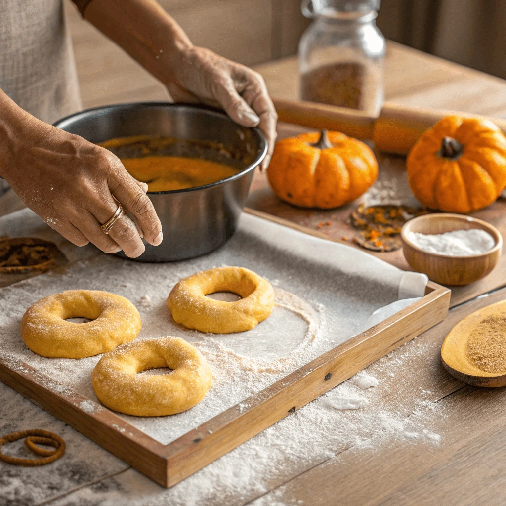  Shaping pumpkin bagels by hand