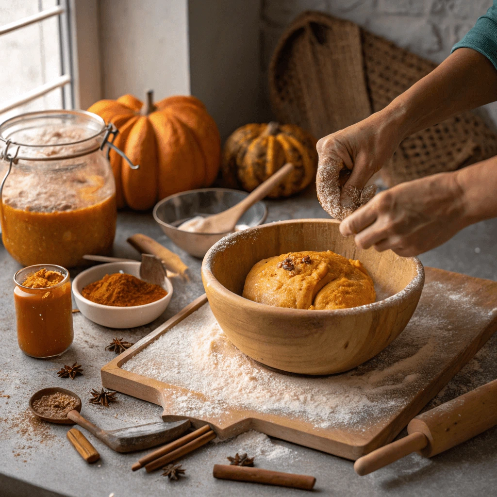 Preparing dough for pumpkin bagels