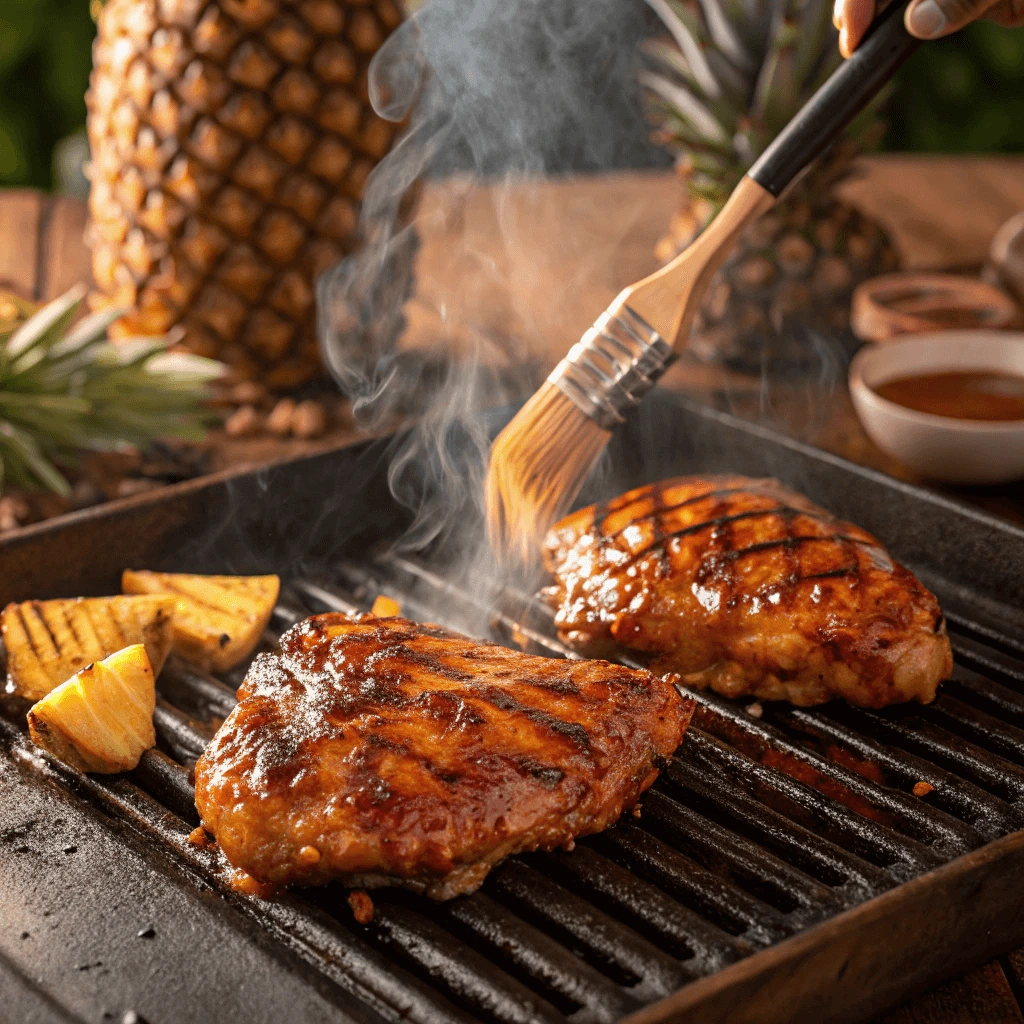 A close-up of juicy, glazed Yummy Buli Huli Chicken cooking on a grill