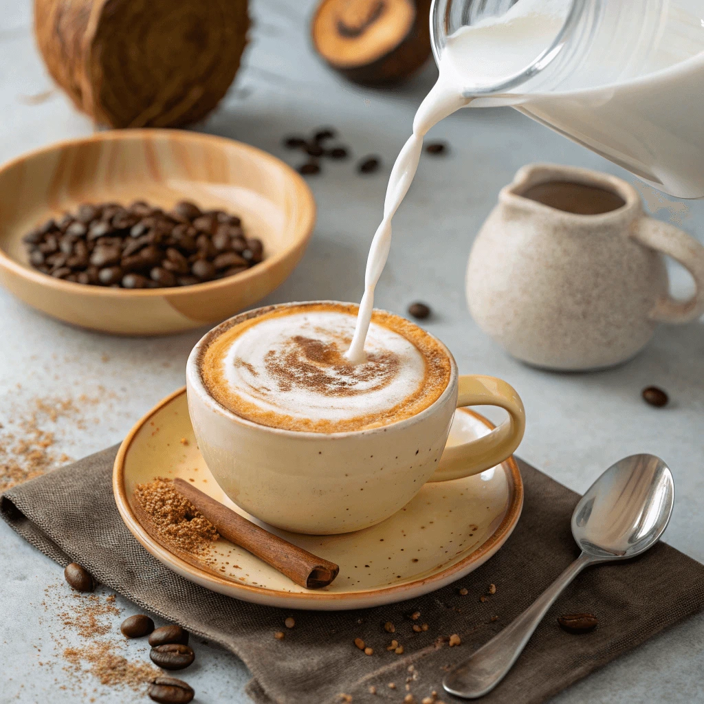 A blender mixing coconut milk and coffee to create frothy coconut latte