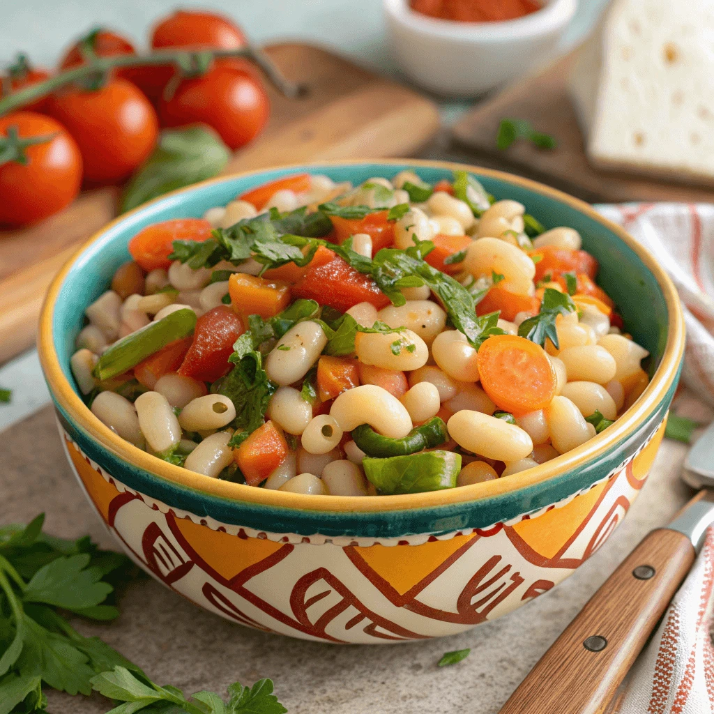 Bowl of ditalini pasta with mixed vegetables and white beans.