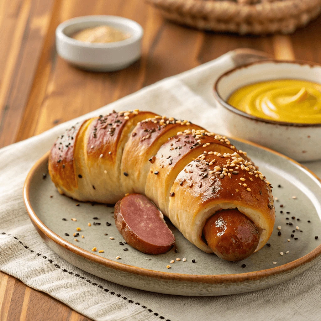 Homemade bagel dog recipe on a plate with dipping sauce