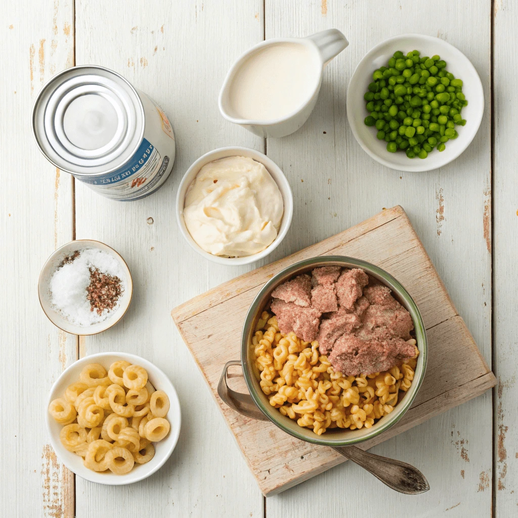 Ingredients for Easy Tuna Hamburger Helper including canned tuna, pasta, and Greek yogurt