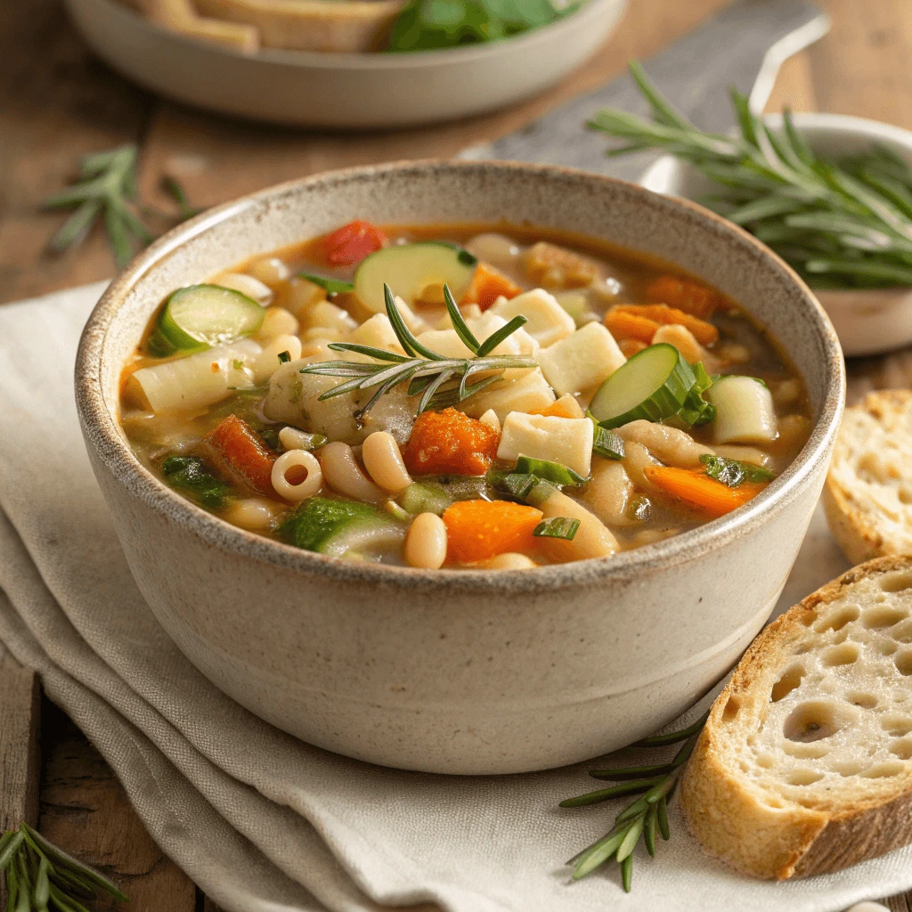 Italian-style vegetable soup with ditalini pasta and herbs.