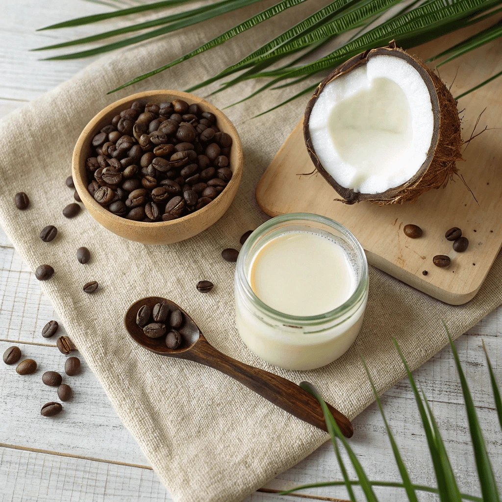 Ingredients for making coconut coffee: coconut milk, coffee beans, and coconut oil