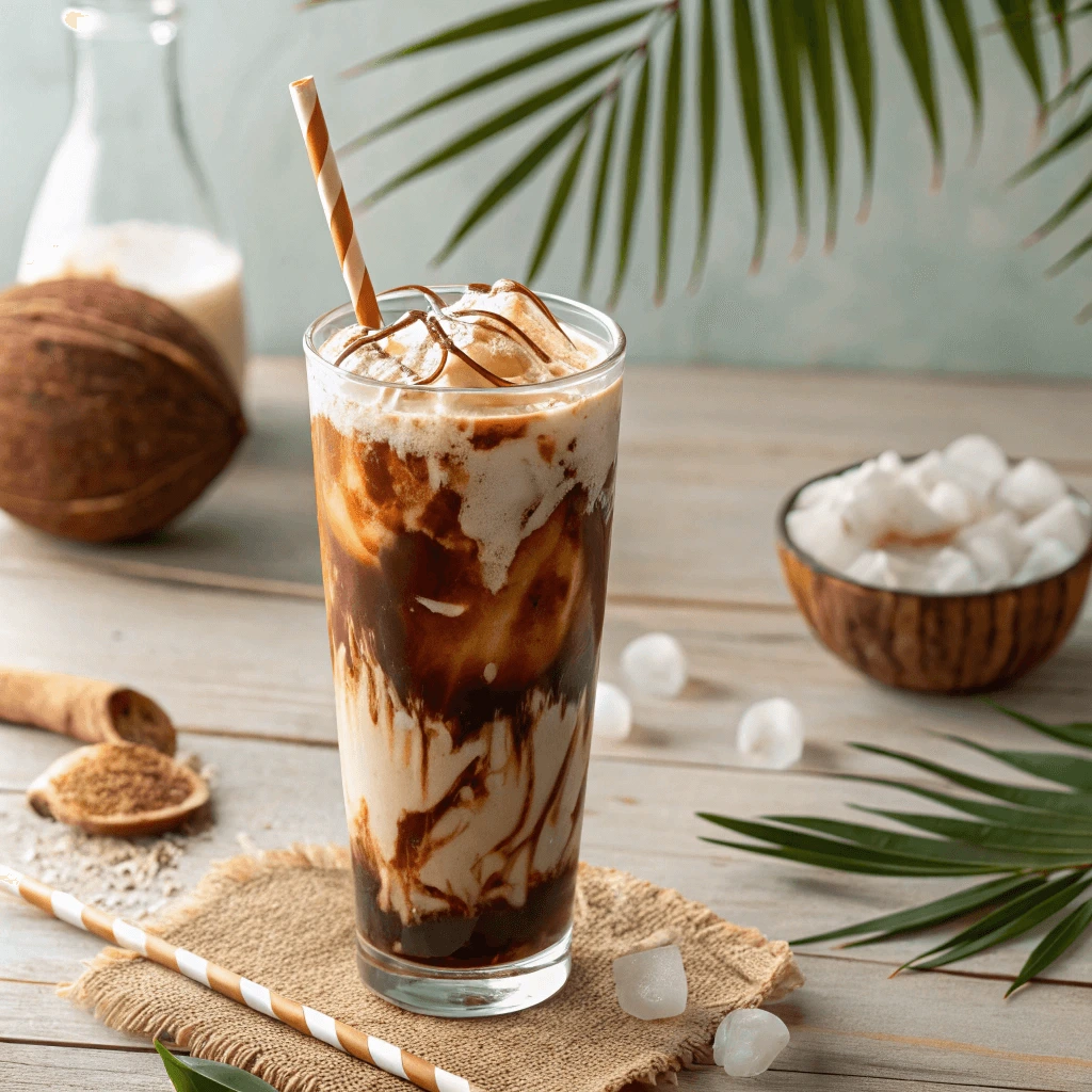 Close-up of coconut coffee being poured into a glass with ice cubes