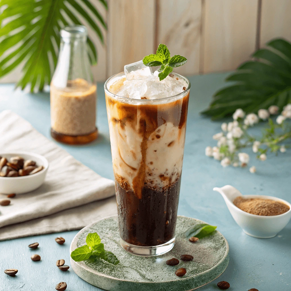 Iced coconut coffee in a glass with ice cubes