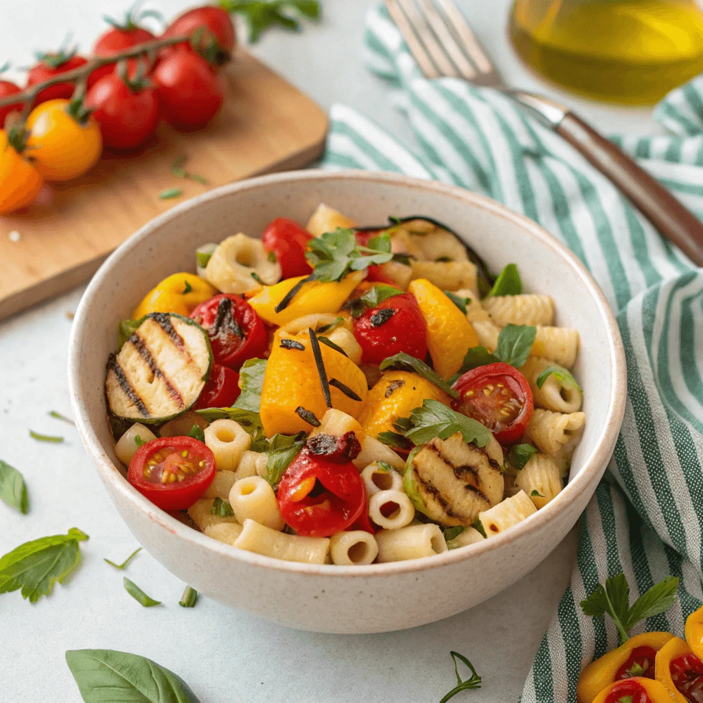 Ditalini pasta salad with roasted vegetables on a white plate.