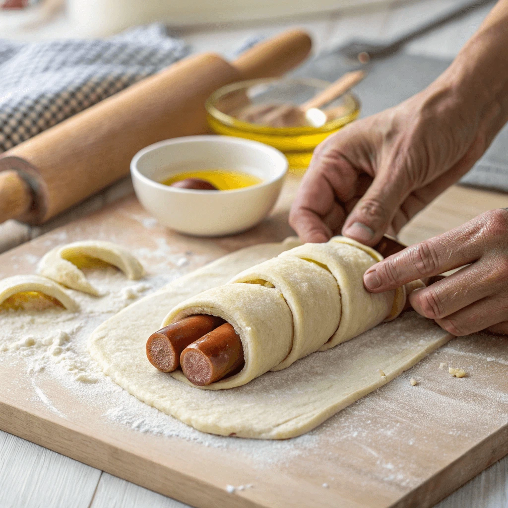 Step-by-step process of wrapping hot dogs in dough