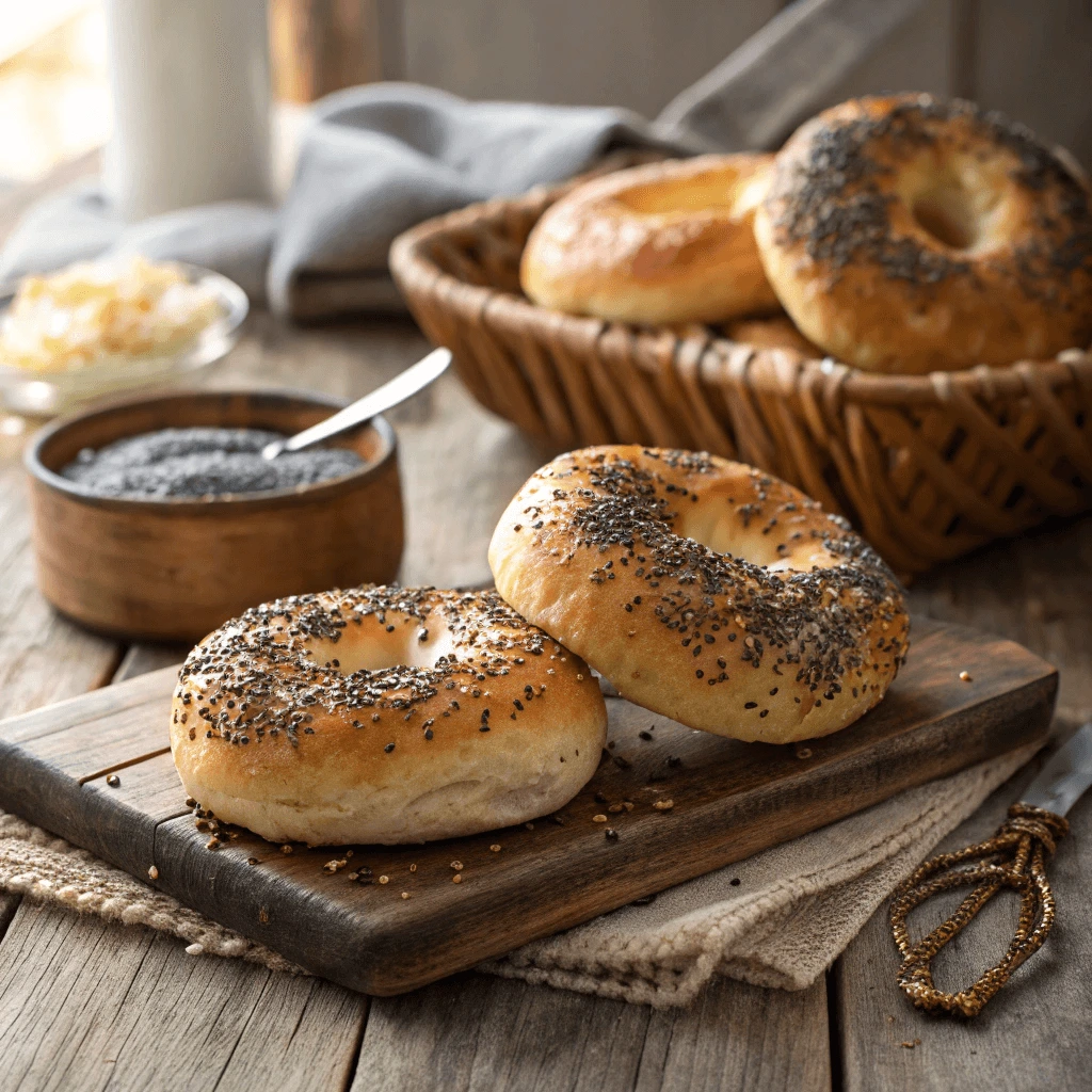 Freshly baked poppy seed bagels on a wooden table