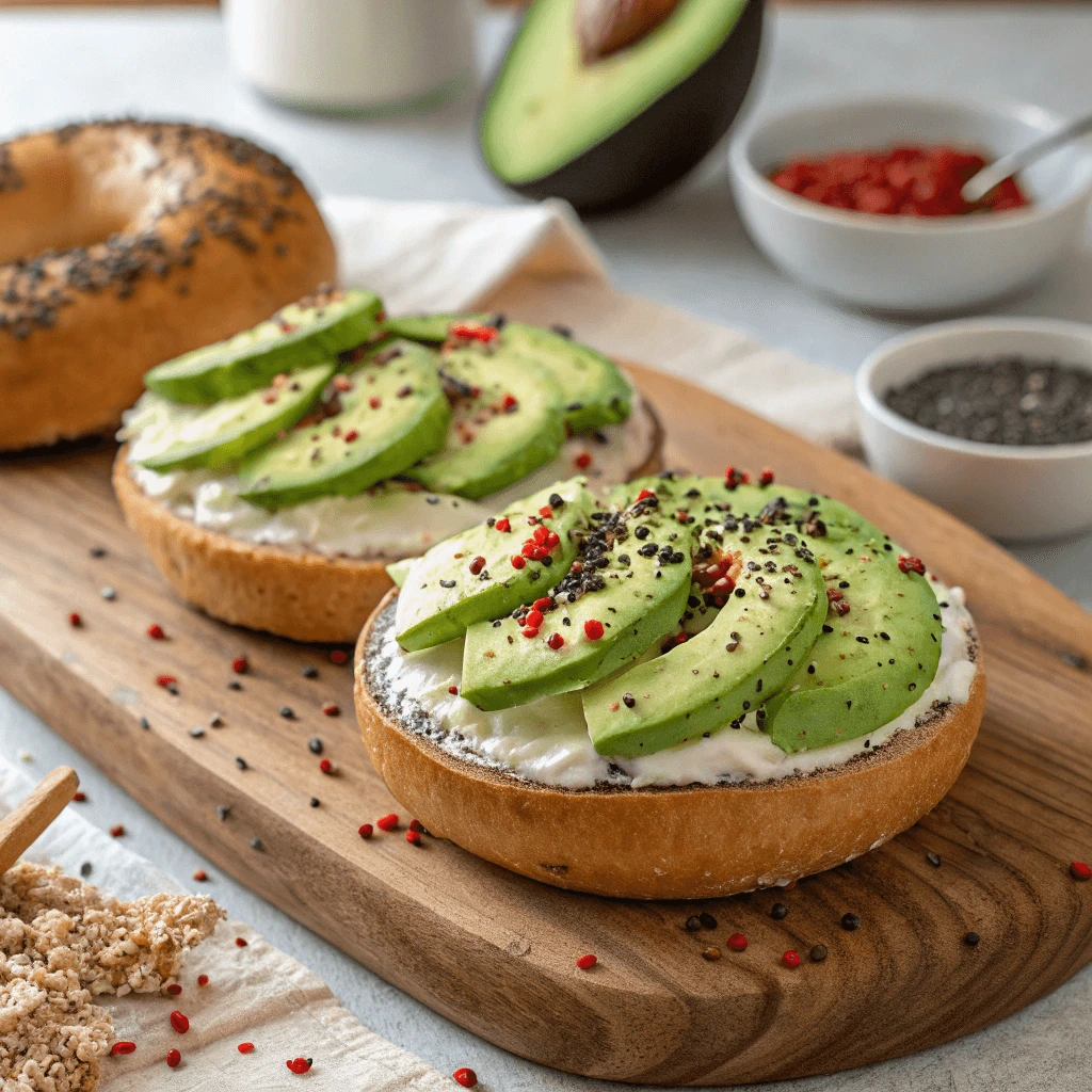 A close-up of a poppy seed bagel sliced open with avocado