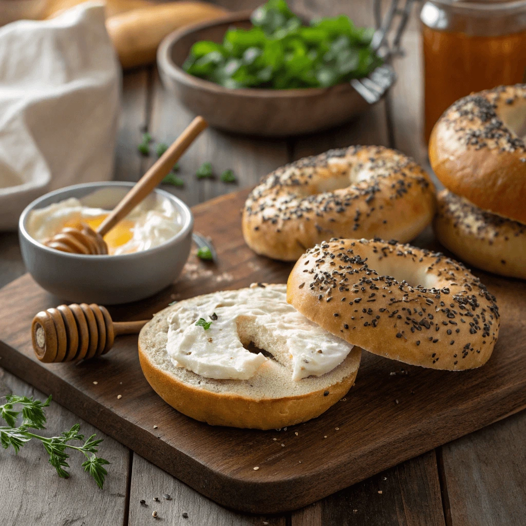 Poppy seed bagels with cream cheese spread on a plate