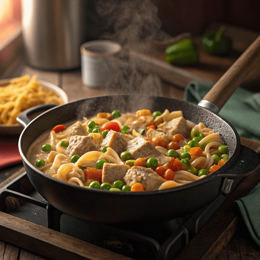 Healthy tuna hamburger helper in a skillet, simmering with colorful vegetables and creamy