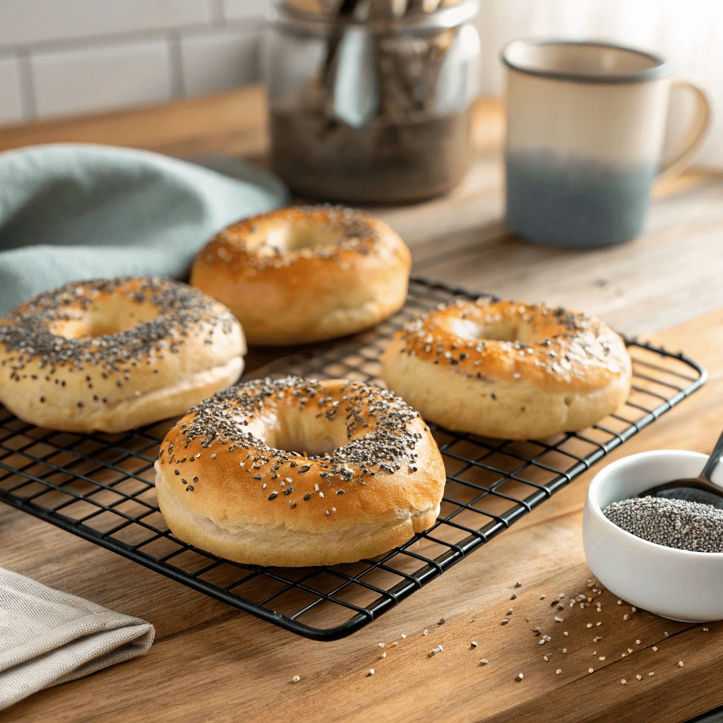 Homemade poppy seed bagels cooling on a rack