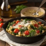One-pot ditalini pasta with spinach, tomatoes, and cannellini beans.