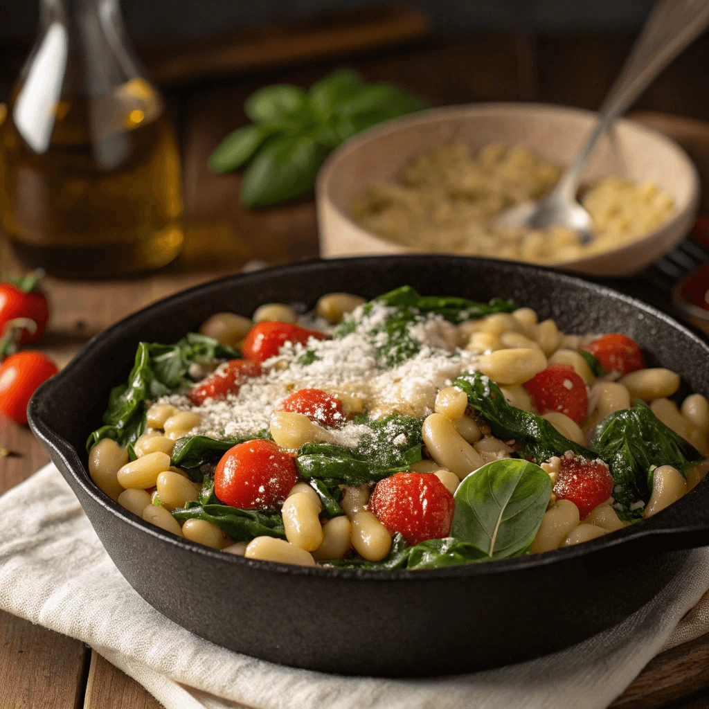 One-pot ditalini pasta with spinach, tomatoes, and cannellini beans.