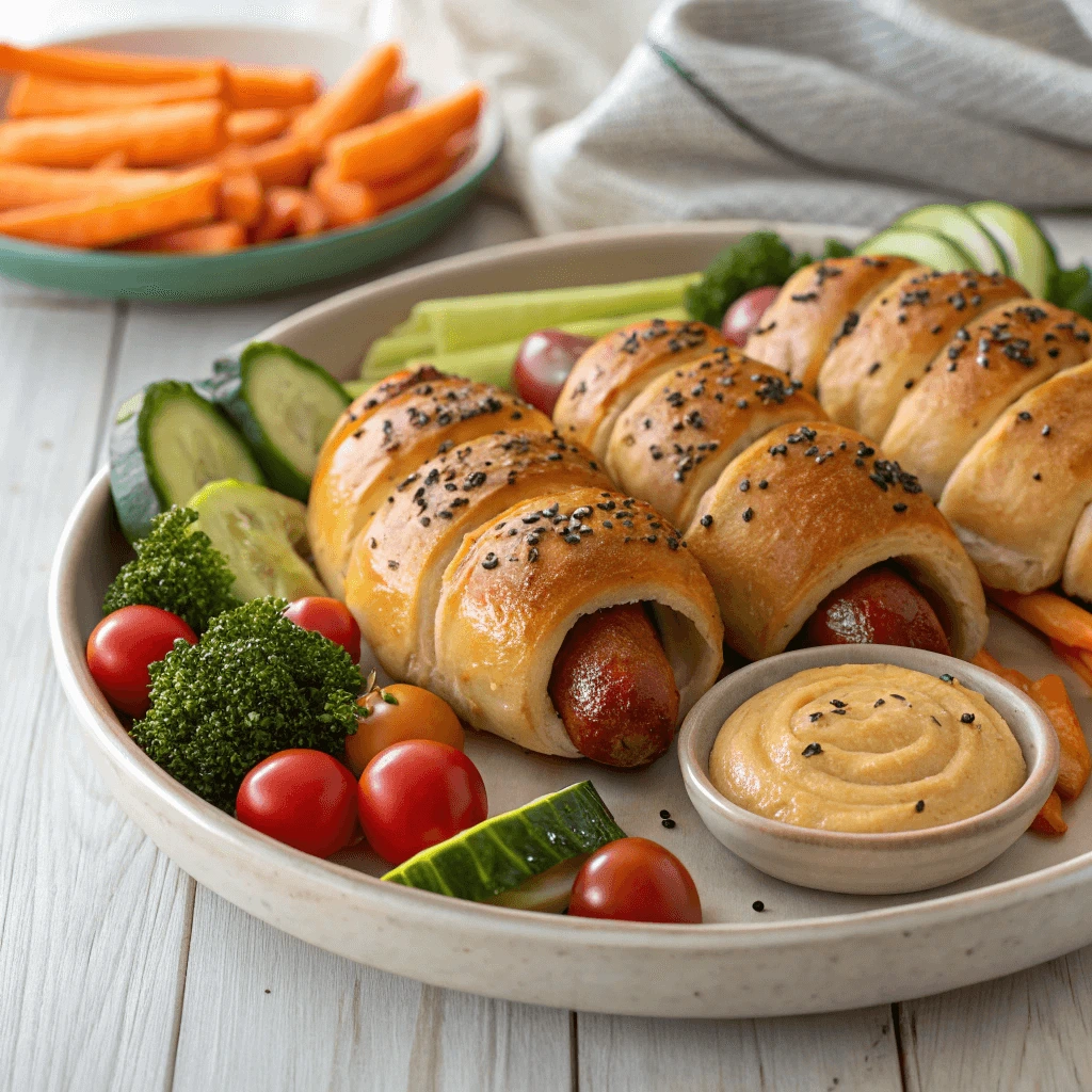 A plate of homemade bagel dogs recipe with veggie sides