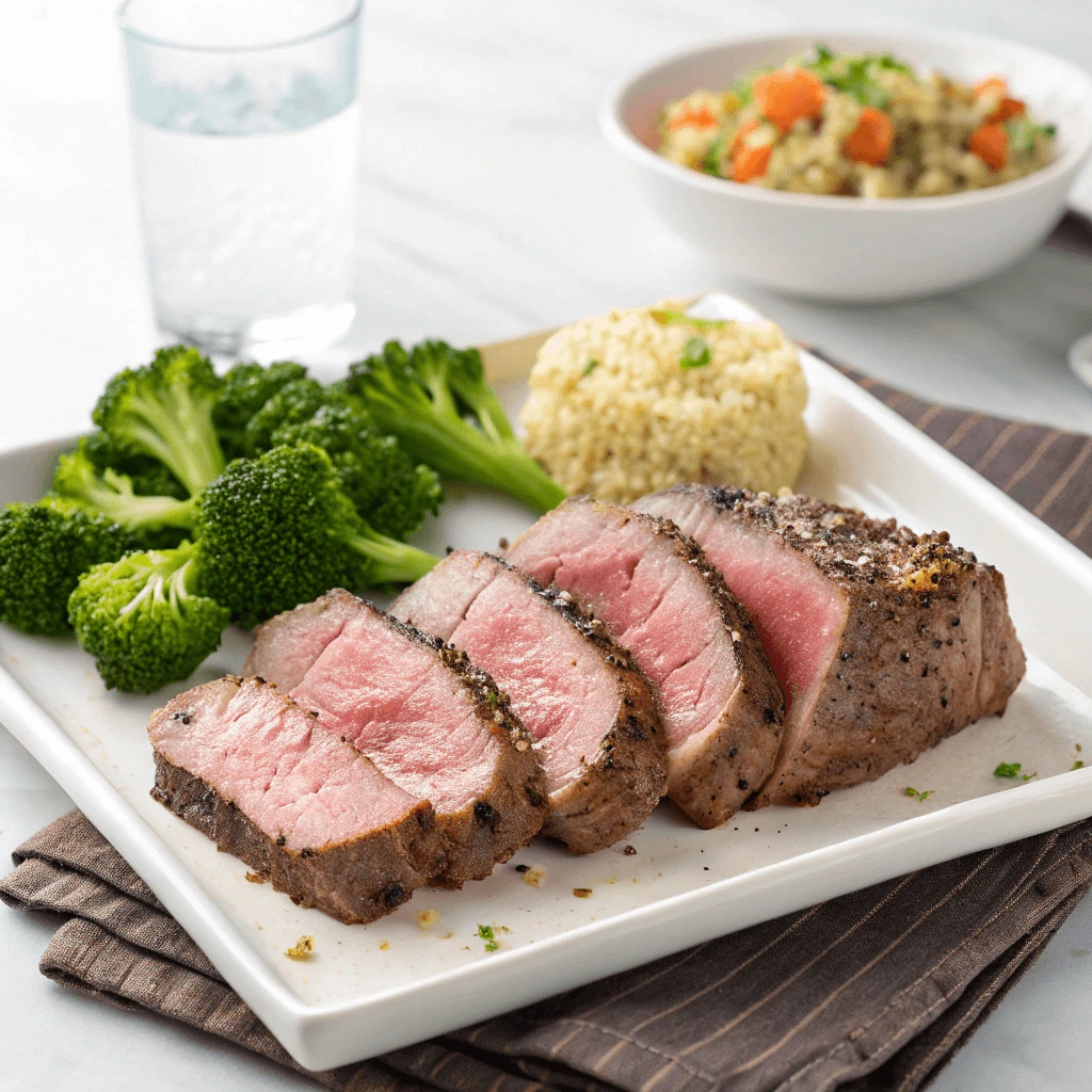 Sliced beef knuckle served on a plate with fresh vegetables.