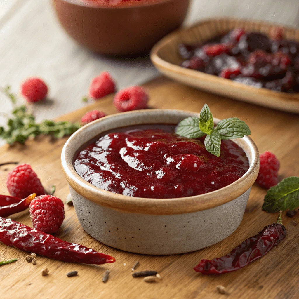 Bowl of easy raspberry chipotle sauce with a spoon, surrounded by fresh ingredients