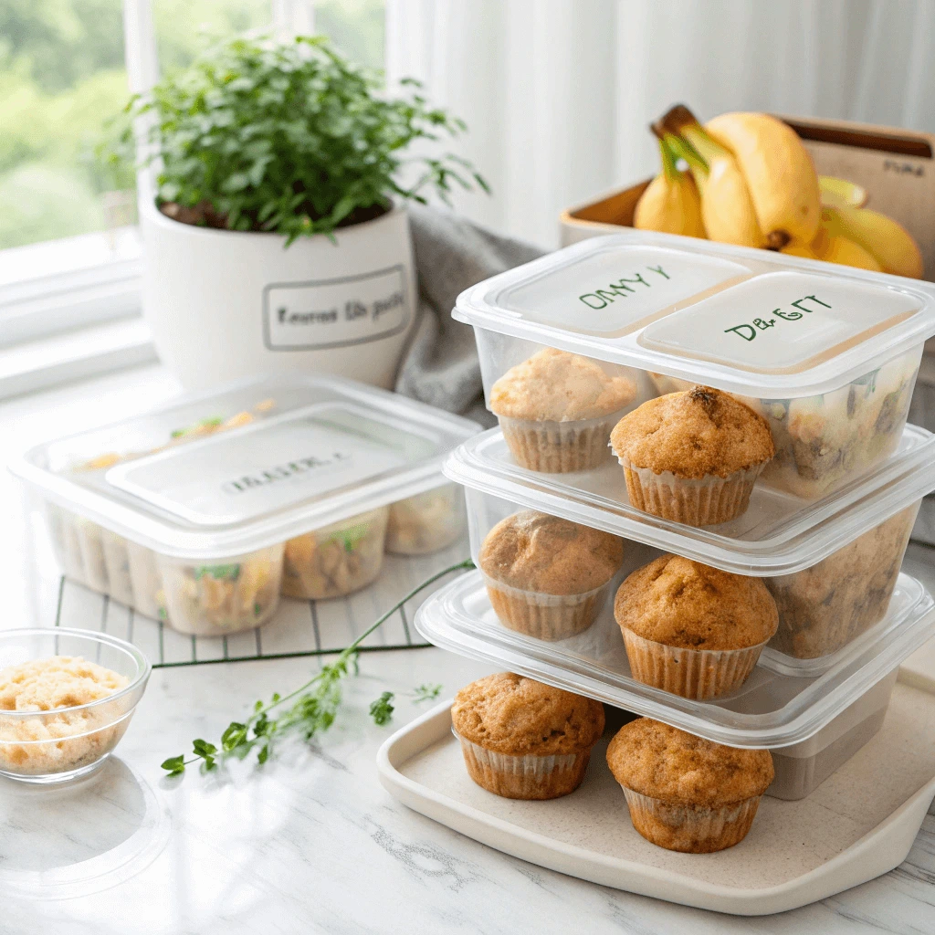 Sourdough banana muffins stored in meal prep containers for the week