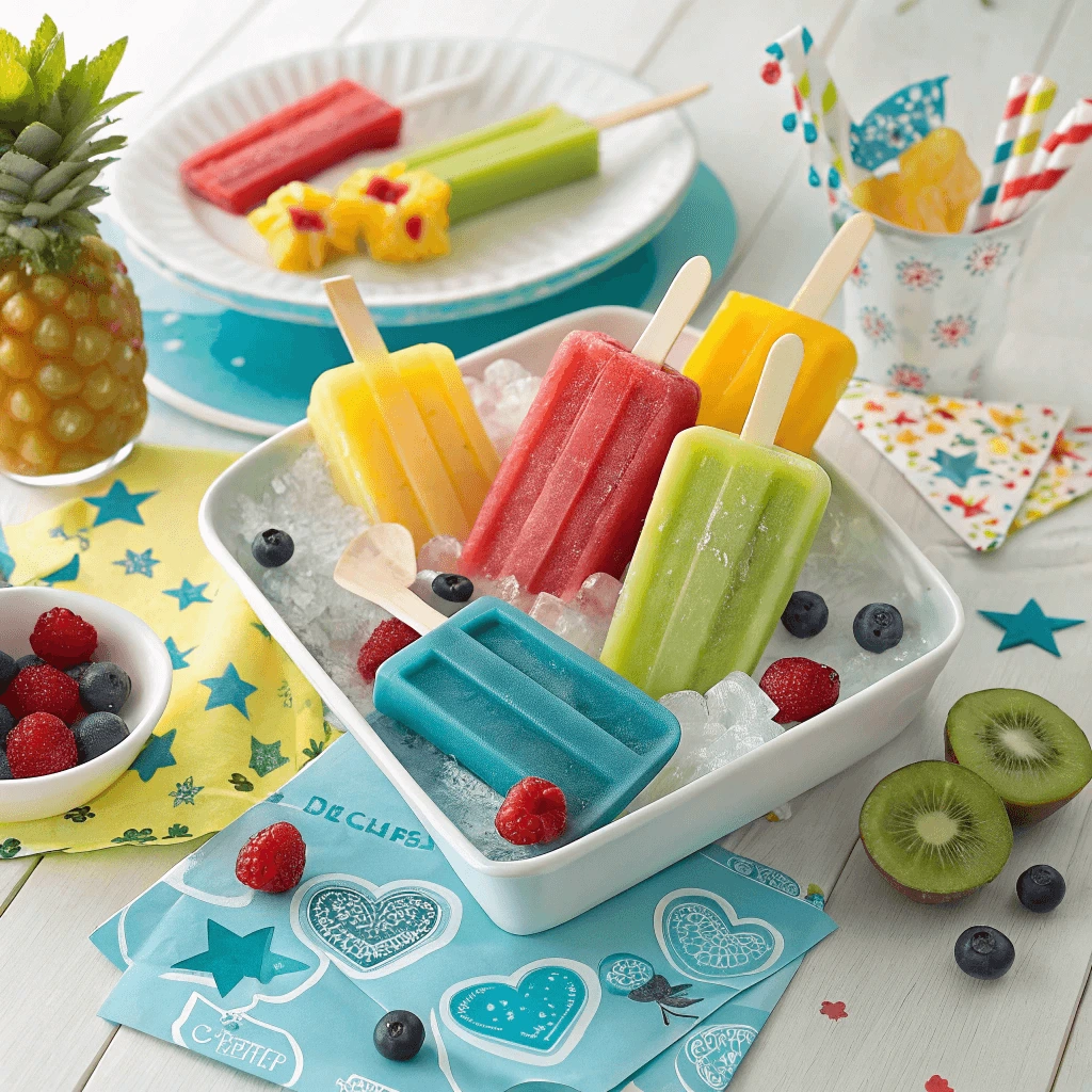 Red, white, and blue themed popsicles with fruit shapes for a summer kids’ birthday party