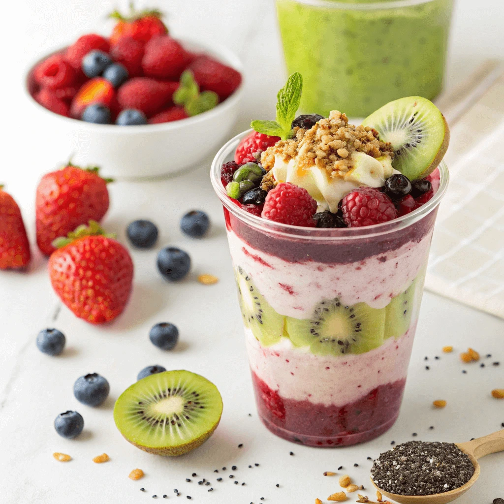 Healthy ice cream cup with fresh fruits and toppings
