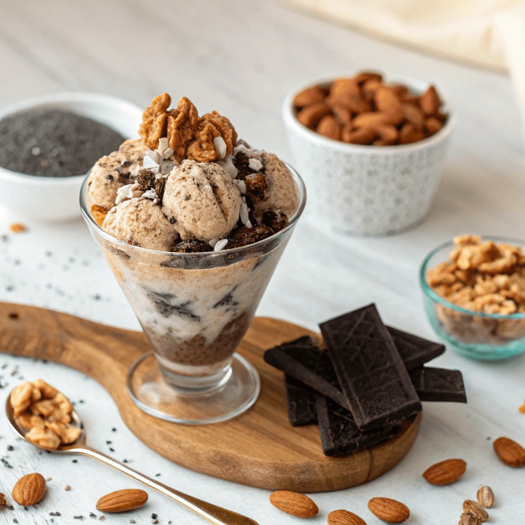 Homemade ice cream cups with nuts, seeds, and dark chocolate toppings