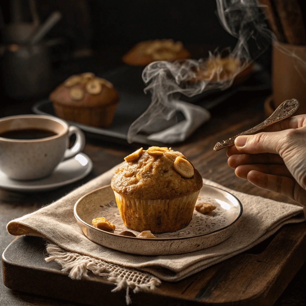 A hand holding a warm sourdough banana muffin with a bite taken out