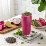 A vibrant dragon fruit smoothie in a glass, topped with fresh tropical fruits.