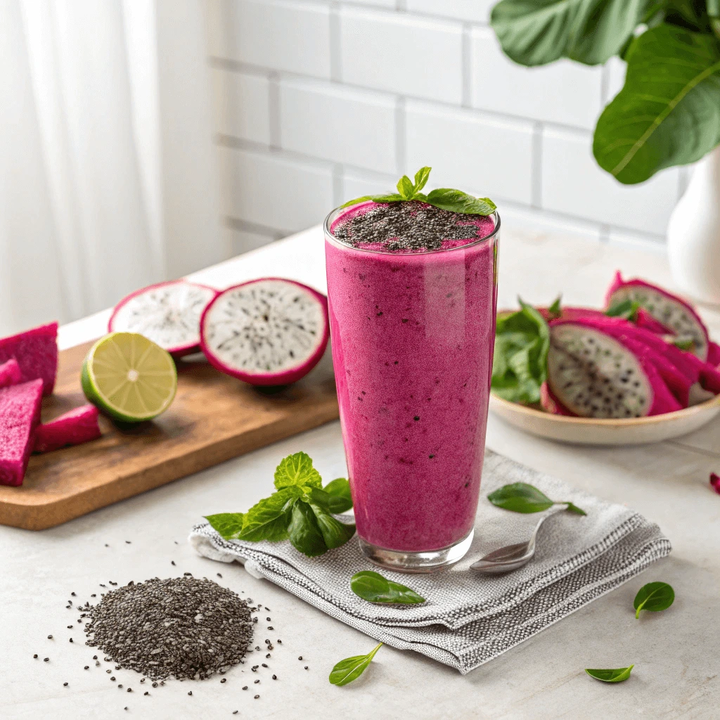 A vibrant dragon fruit smoothie in a glass, topped with fresh tropical fruits.