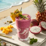 Vibrant tropical dragon fruit smoothie with mango and banana in a glass
