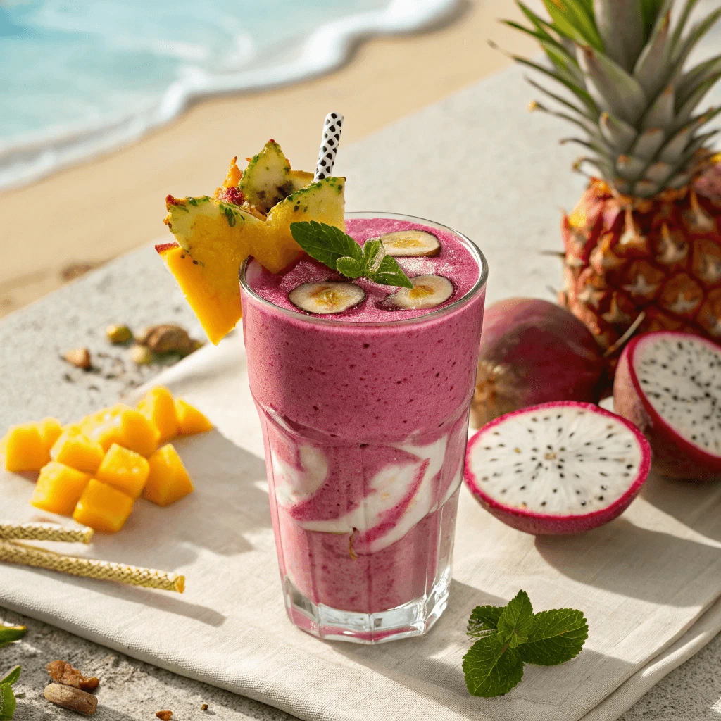 Vibrant tropical dragon fruit smoothie with mango and banana in a glass