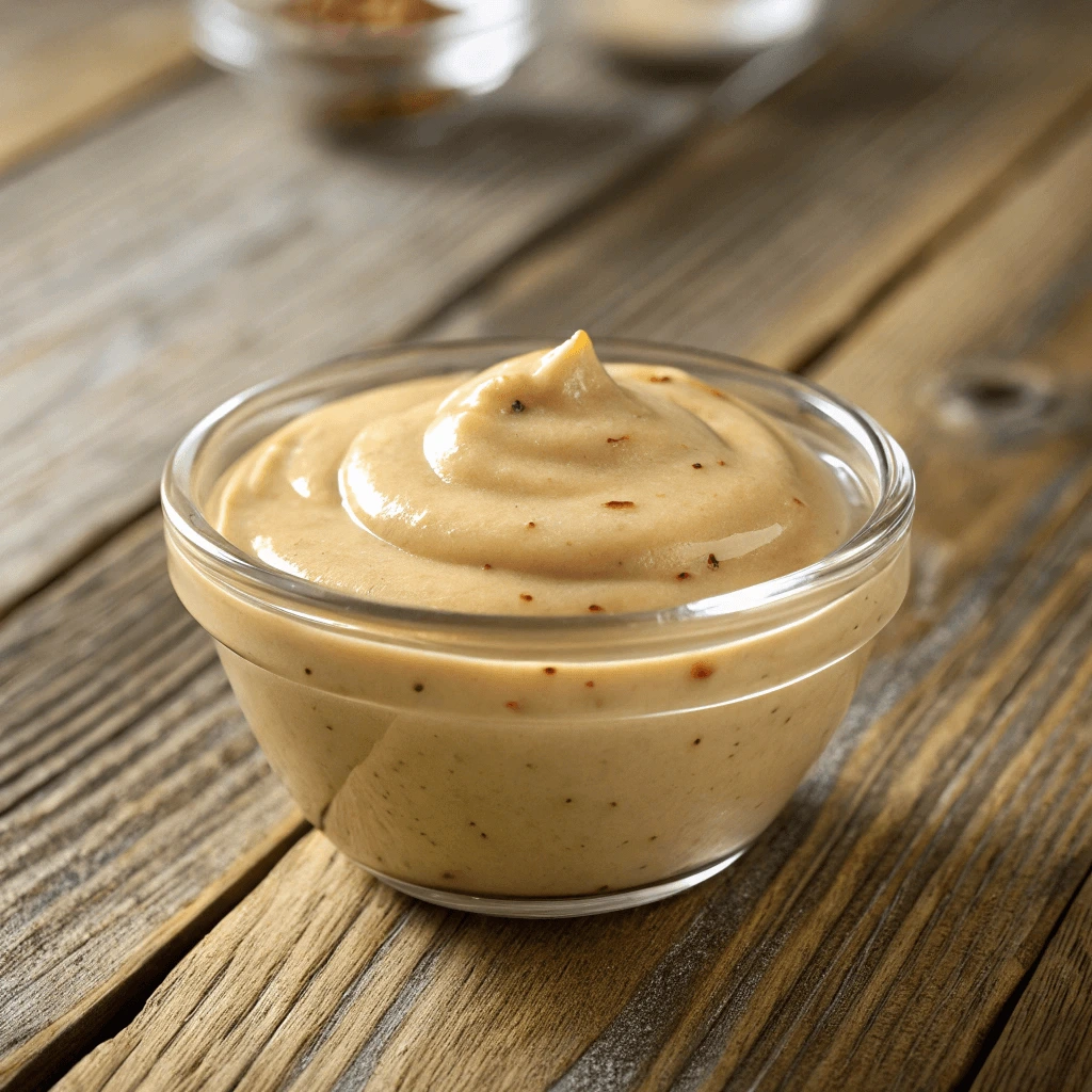 A small glass bowl filled with creamy Easy Raisin Cane's Sauce on a wooden table
