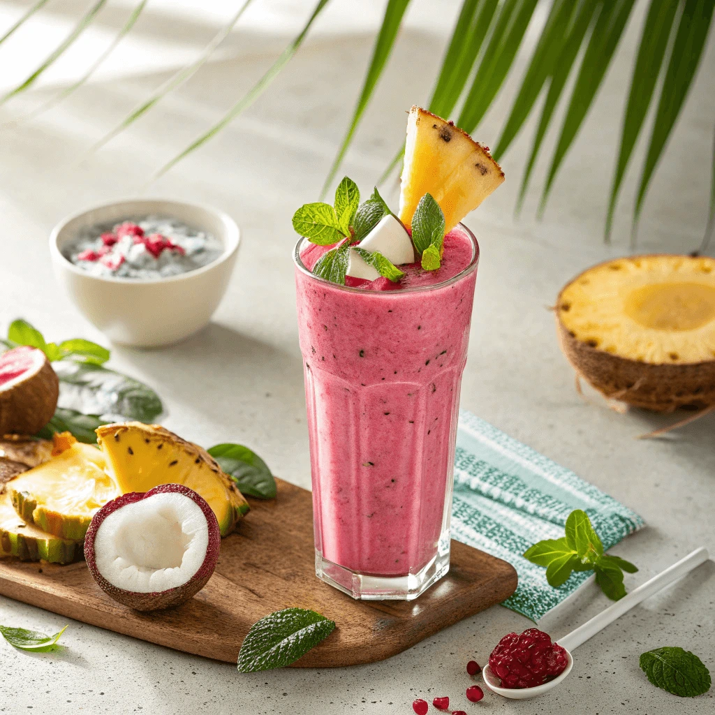 A refreshing tropical smoothie made with coconut water, dragon fruit, and pineapple