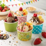 Colorful easy ice cream cups topped with fresh fruits and granola