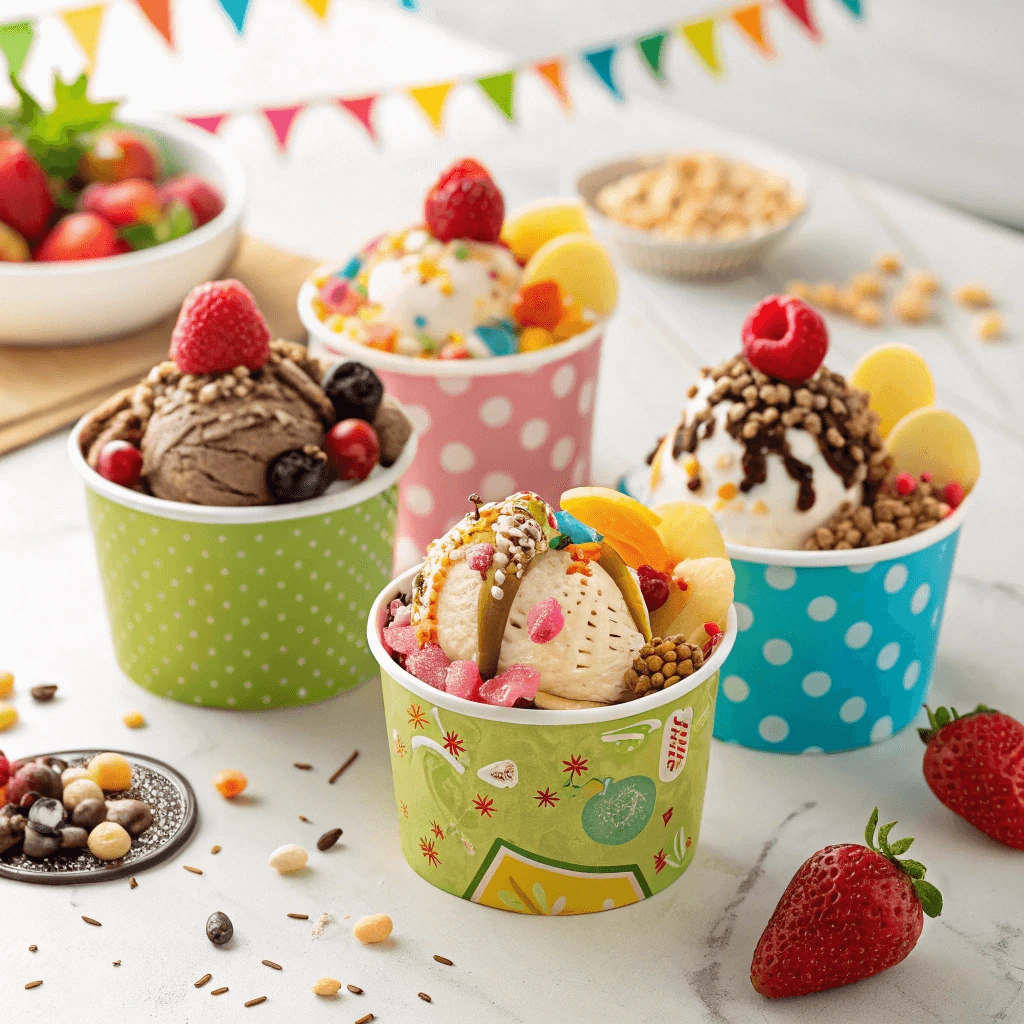 Colorful easy ice cream cups topped with fresh fruits and granola
