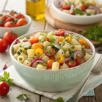 A bowl of creamy ditalini pasta salad with fresh vegetables and a light vinaigrette dressing, perfect for family meals.