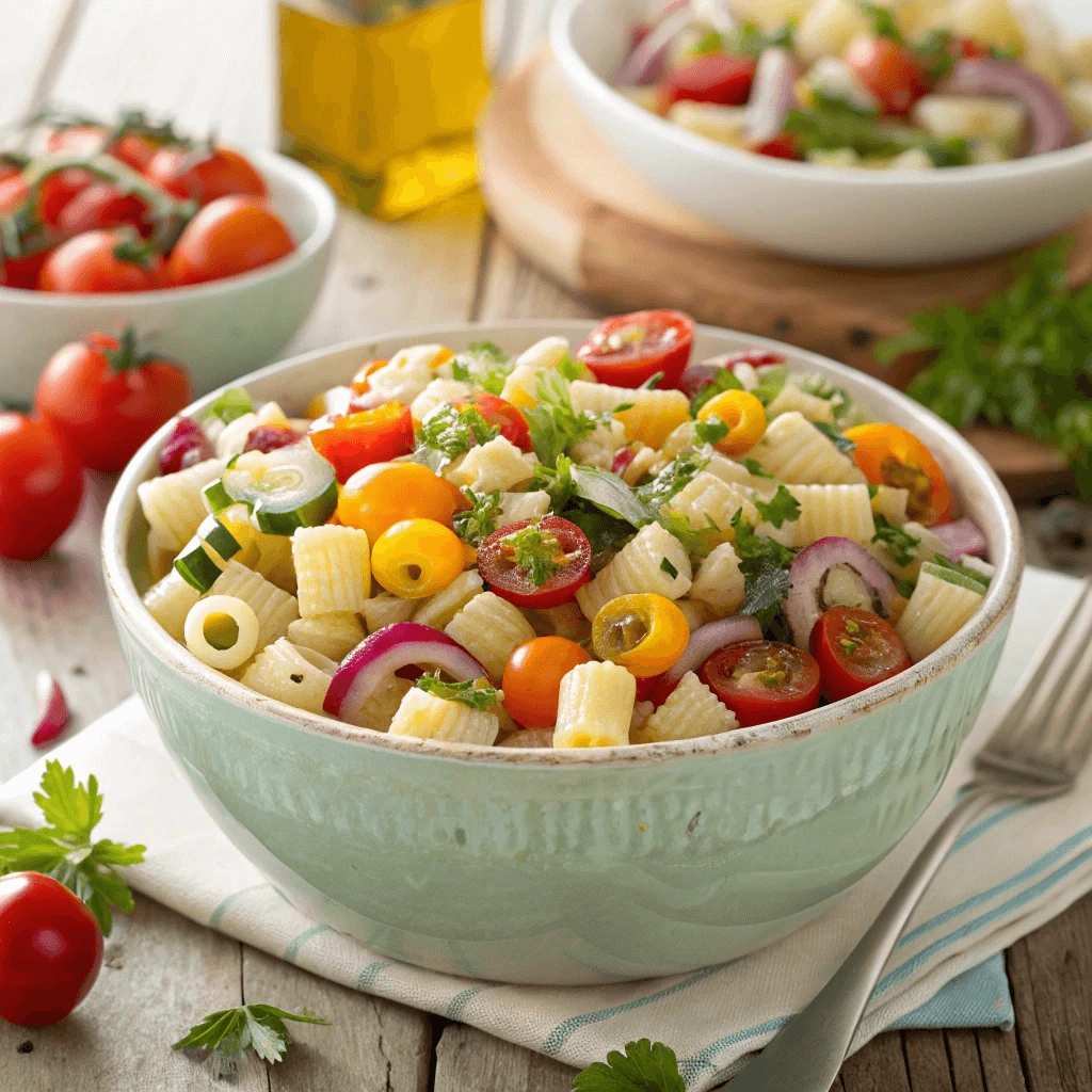 A bowl of creamy ditalini pasta salad with fresh vegetables and a light vinaigrette dressing, perfect for family meals.