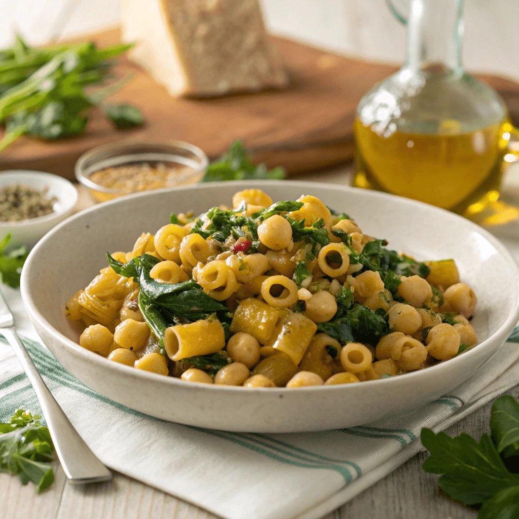 A plate of Mediterranean-inspired ditalini pasta with chickpeas, spinach, and a drizzle of olive oil.