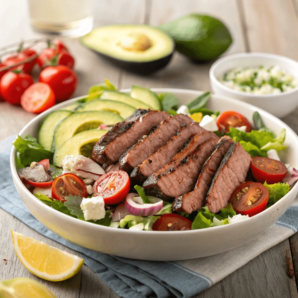 Grilled steak slices on a bed of fresh mixed greens with cherry tomatoes and avocado