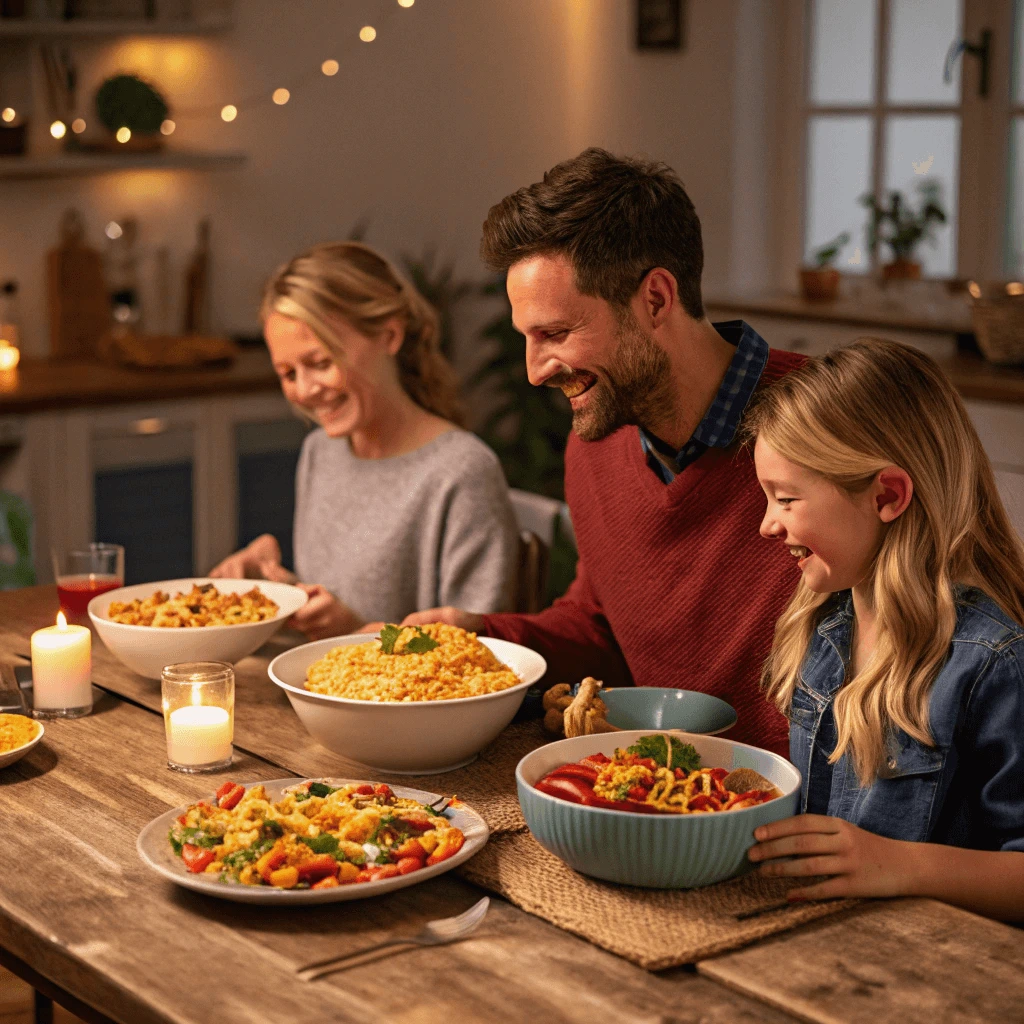Family sitting around a dinner table, enjoying a variety of family-friendly ditalini pasta recipes