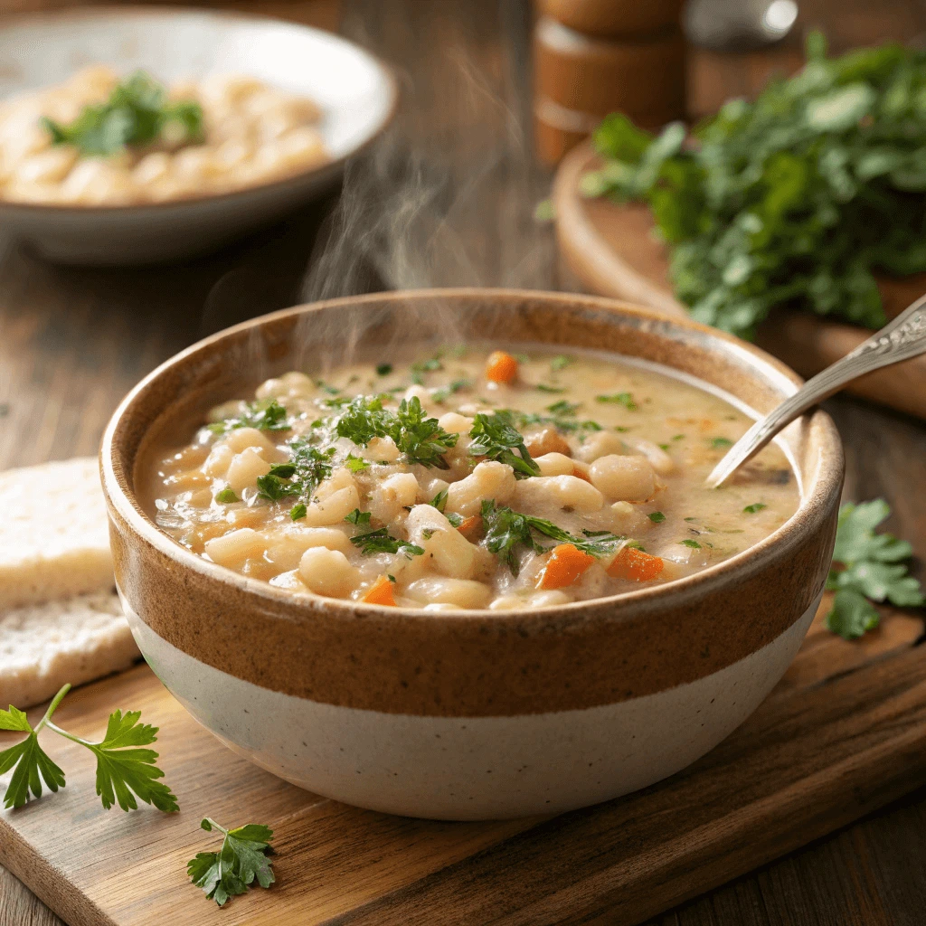 : Hearty and creamy white bean and ditalini soup served in a bowl, garnished with fresh herbs.