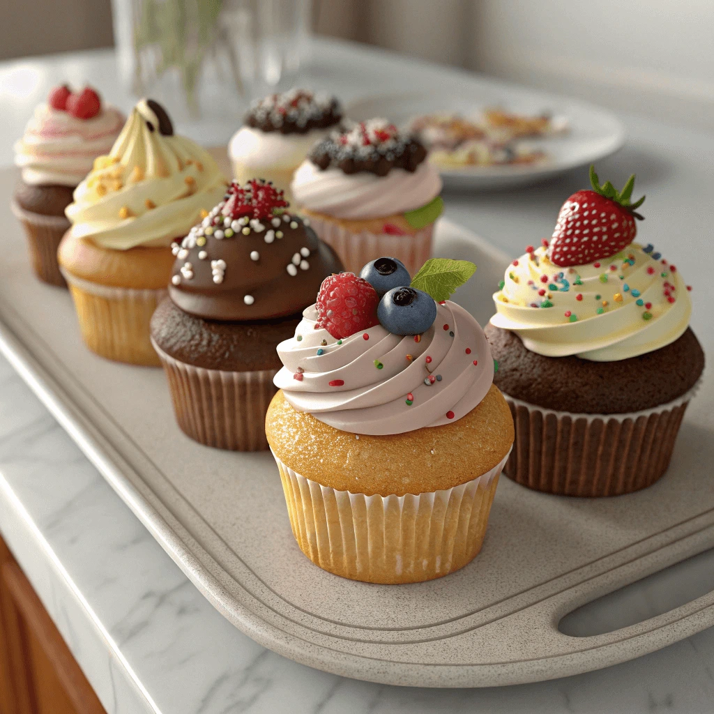 Assorted mini cakes with different frostings on a wooden table.