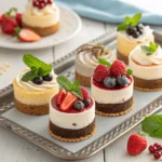 Assorted mini cakes topped with fresh berries and mint