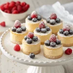 Elegant mini cakes recipe topped with fresh berries and powdered sugar on a white platter.