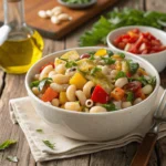 Healthy ditalini pasta with vegetables and beans in a bowl, ready to be served