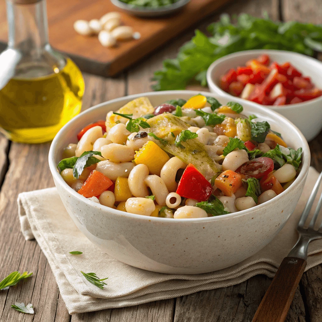 Healthy ditalini pasta with vegetables and beans in a bowl, ready to be served