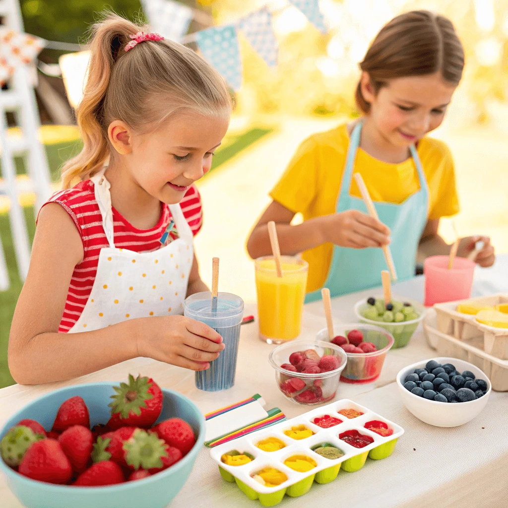 Children creating their own popsicles with fruit, juice, and yogurt at a DIY party station