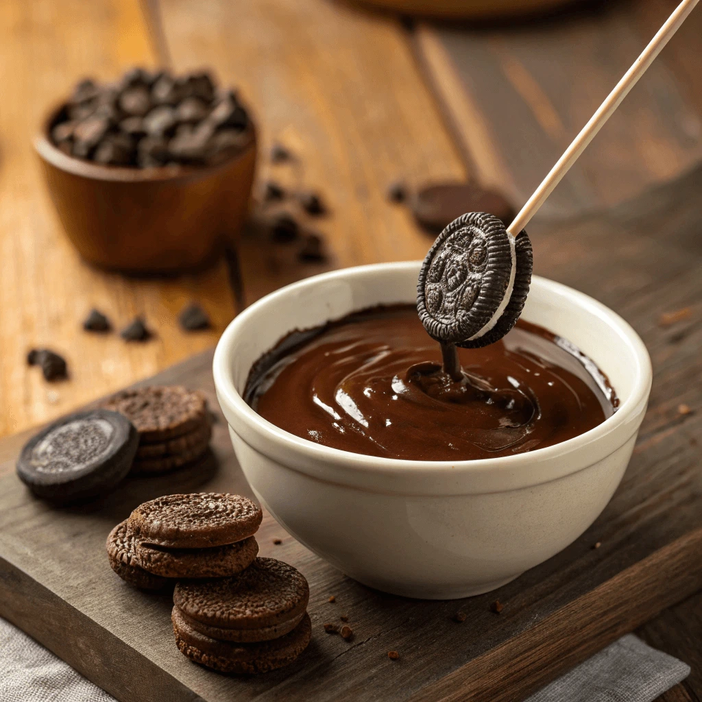 Bowl of melted dark chocolate with a skewer dipping an Oreo cookie