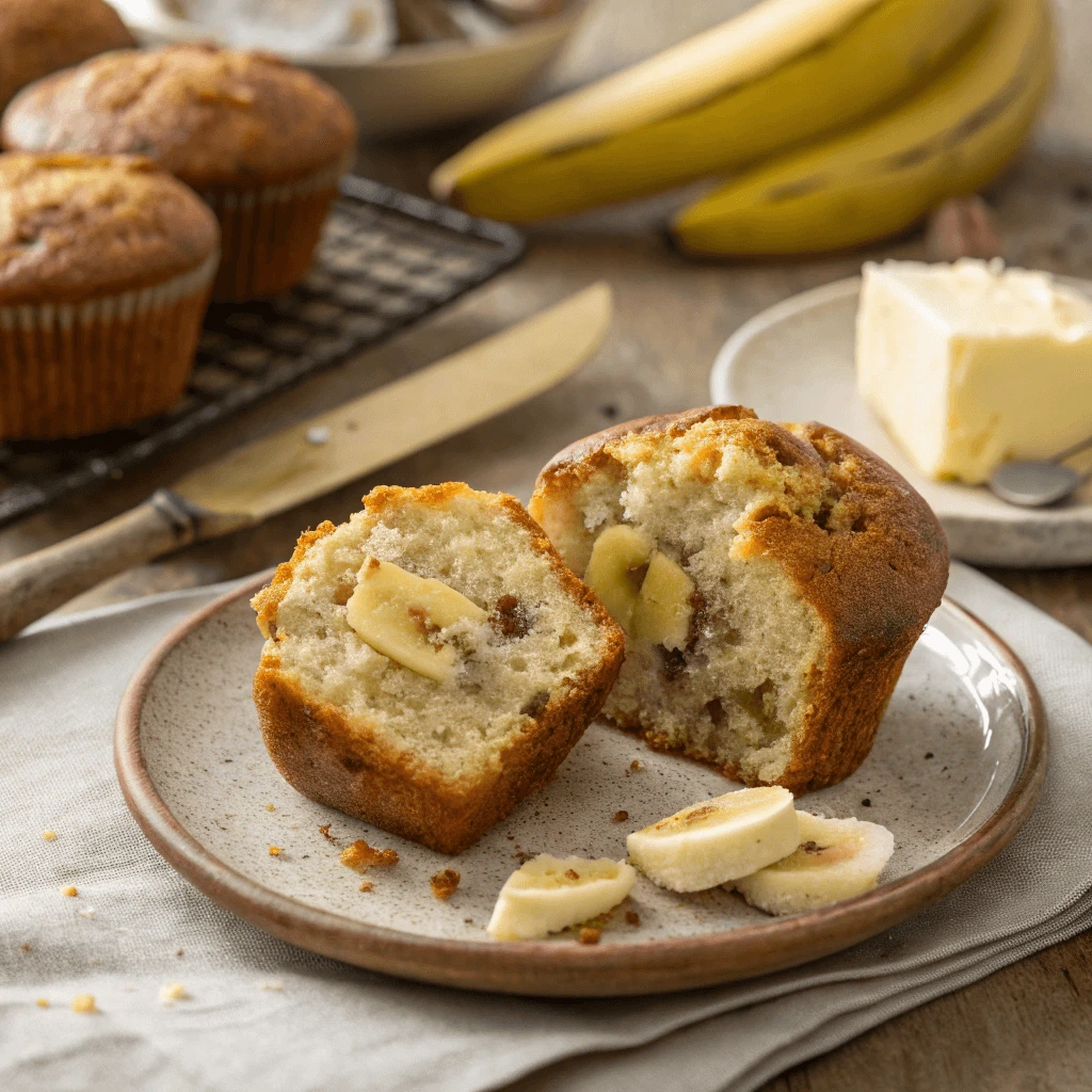 Close-up of a sliced sourdough banana muffin with visible banana pieces